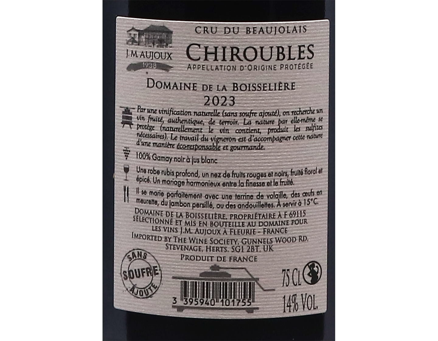 Chiroubles Domaine de la Boisseliere 2023 (no added sulphur)