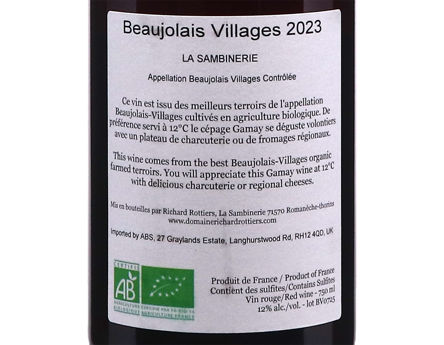 Beaujolais Villages La Sambinerie Domaine Richard Rottiers 2023 ORGANIC