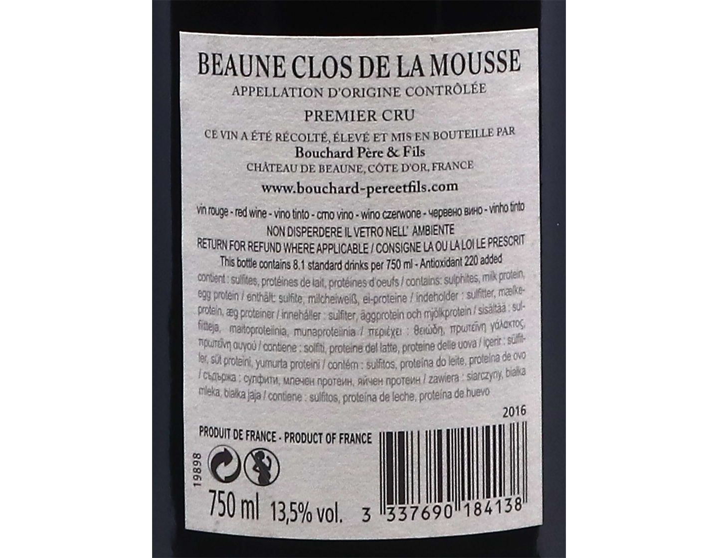 Bouchard Pere et Fils Beaune Premier Cru Clos de la Mousse 2016