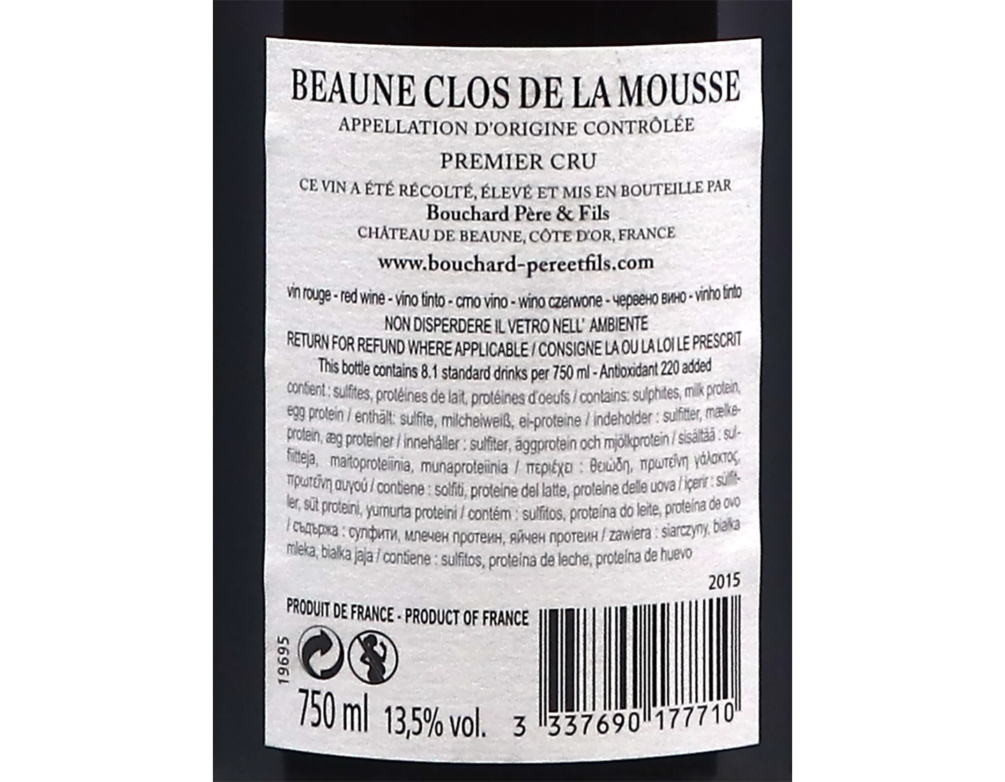Bouchard Pere et Fils Beaune Premier Cru Clos de la Mousse 2015