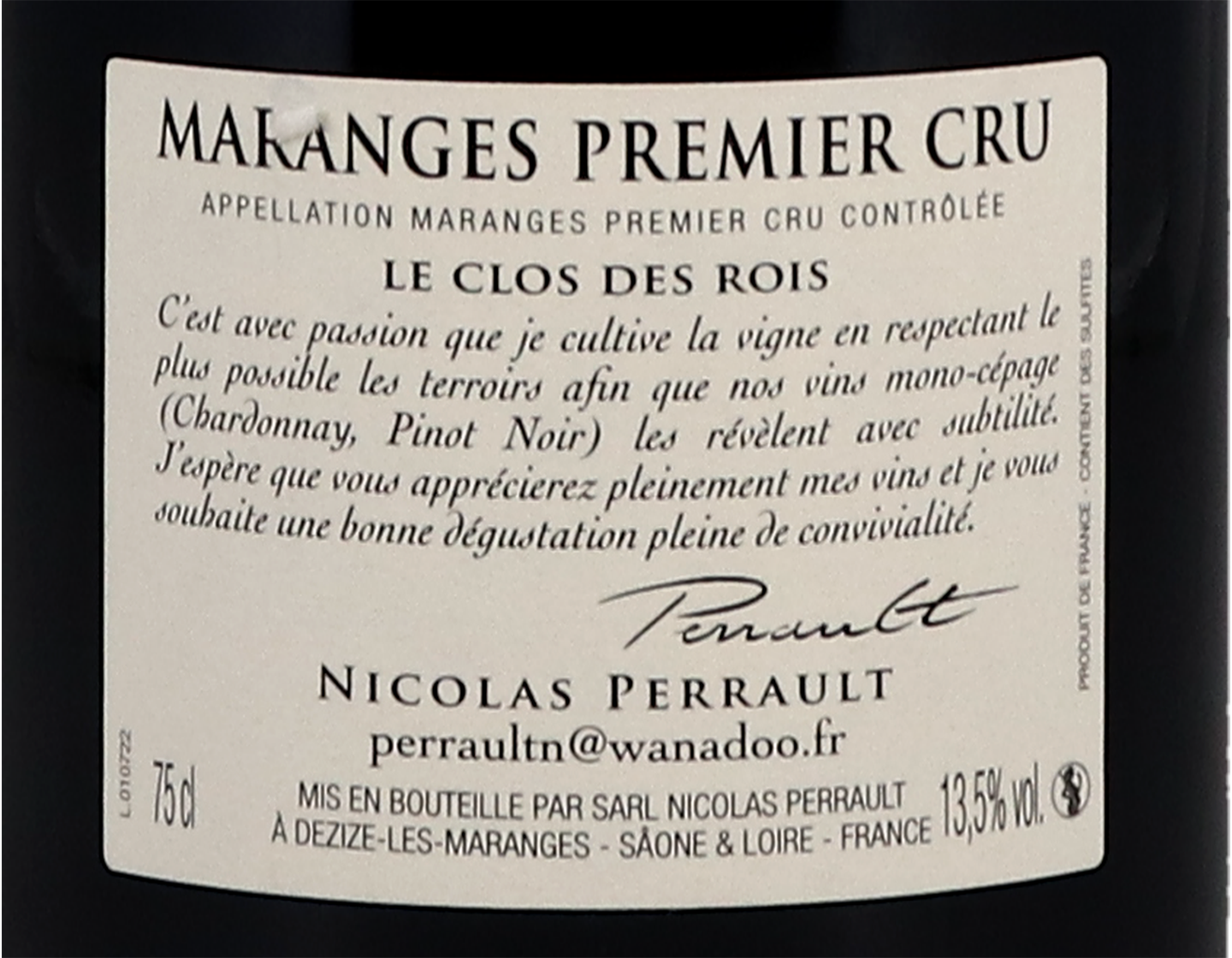 Domaine Nicolas Perrault Maranges PC Clos de Rois 2020