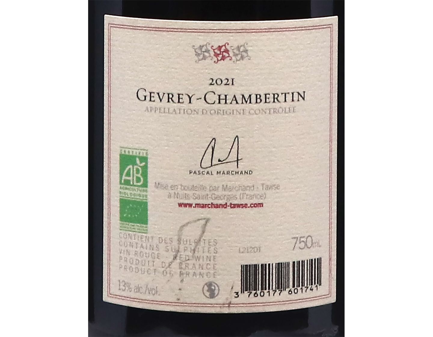Marchand Tawse Gevrey Chambertin Vignes de la famille Tawse 2021 ORGANIC