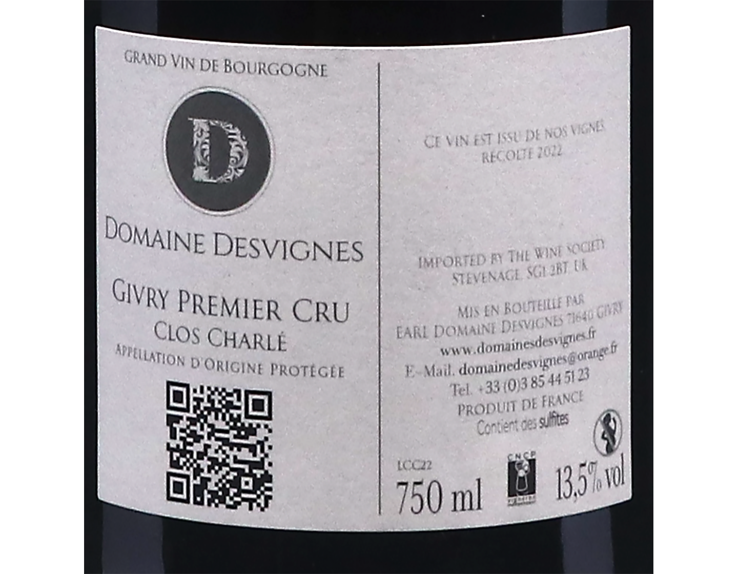 Dom Desvignes Givry PC Clos Charle 2022