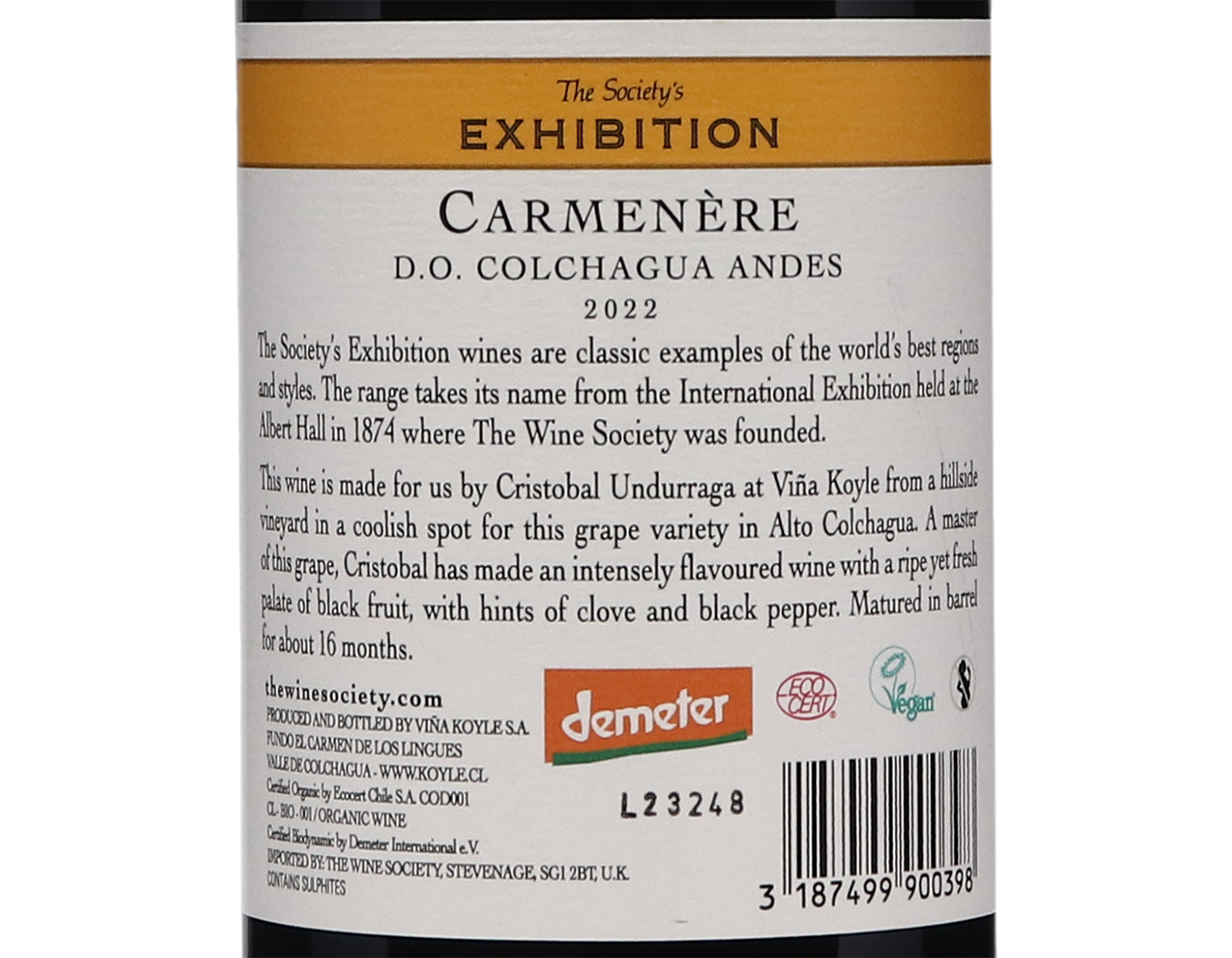 The Society's Exhibition DO Colchagua Andes Carmenere 2022 ORGANIC