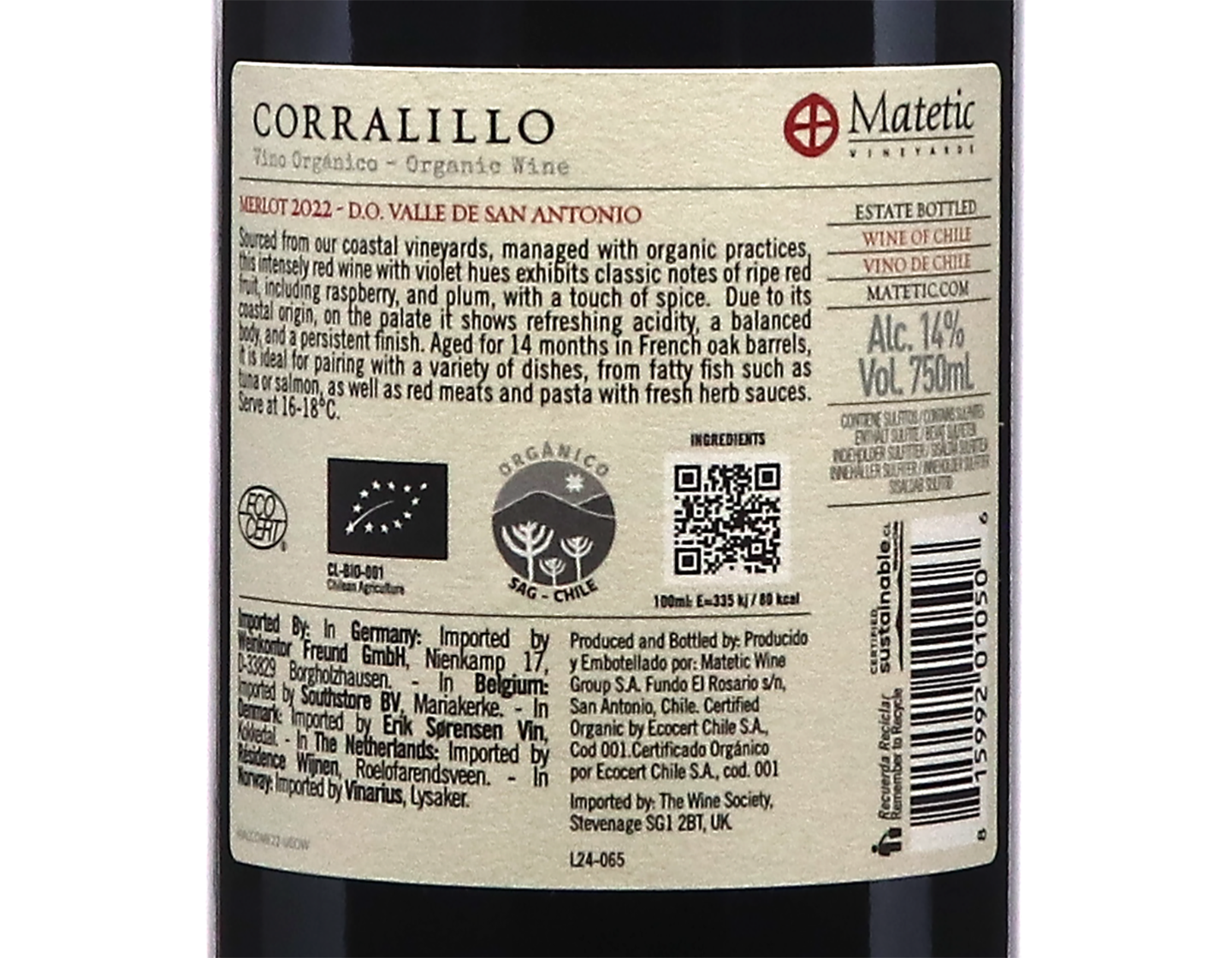 Matetic Corallilo Rosario DO San Antonio Merlot 2022 ORGANIC