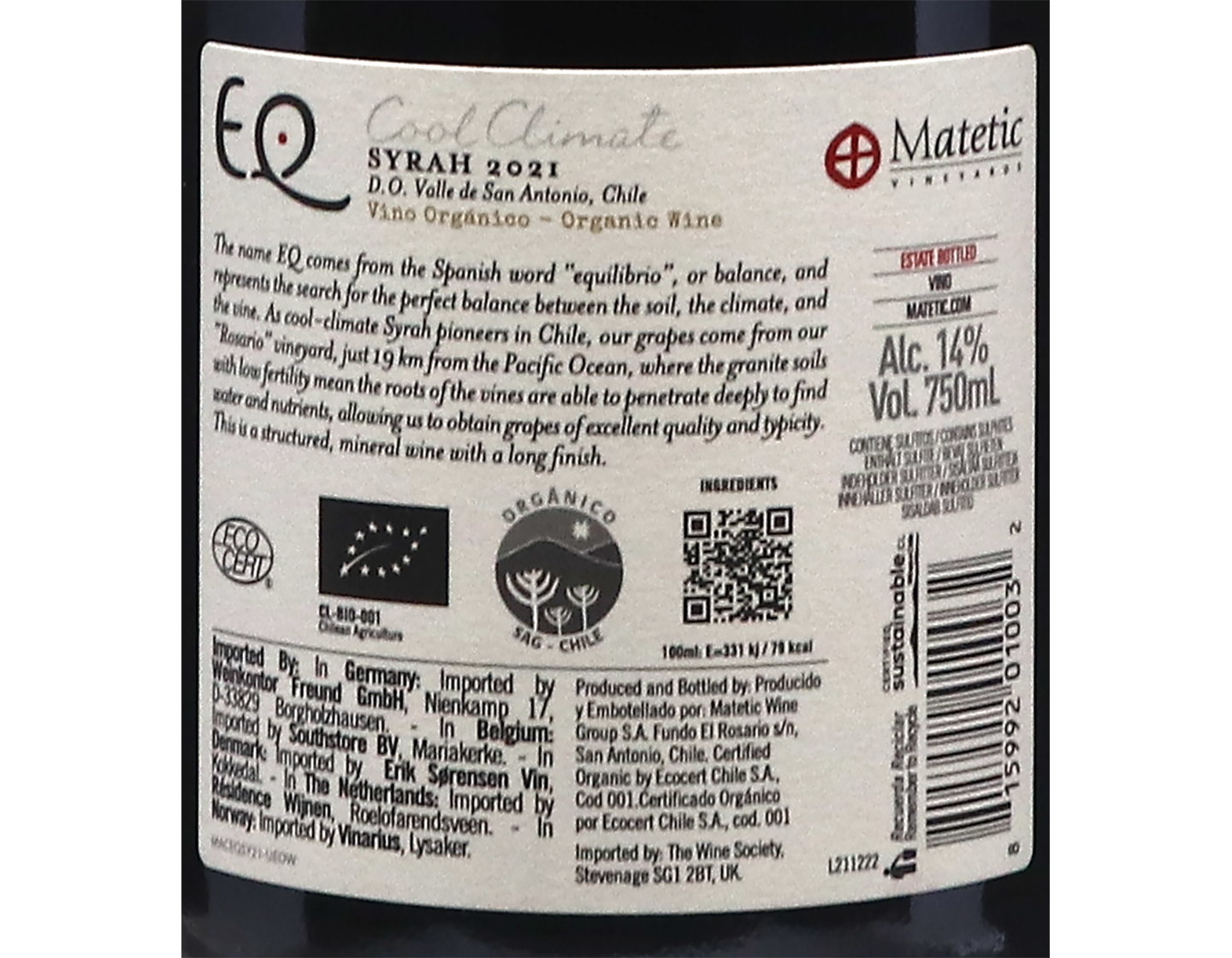 Matetic EQ DO San Antonio Syrah 2021 ORGANIC