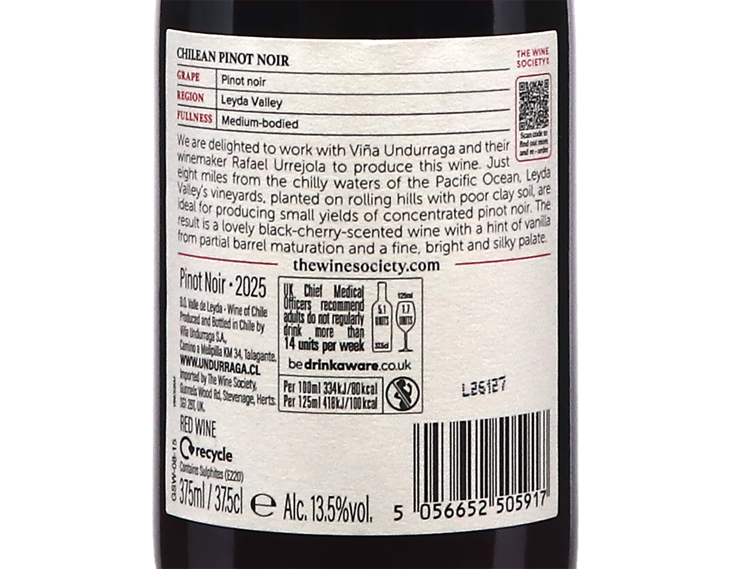 Half bottle of The Society's Chilean Pinot Noir Leyda 2025