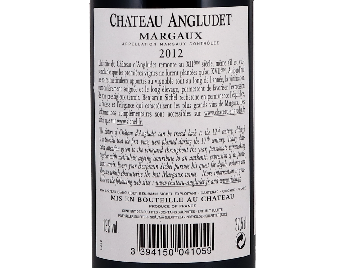Ch Angludet 2012 Margaux Halves