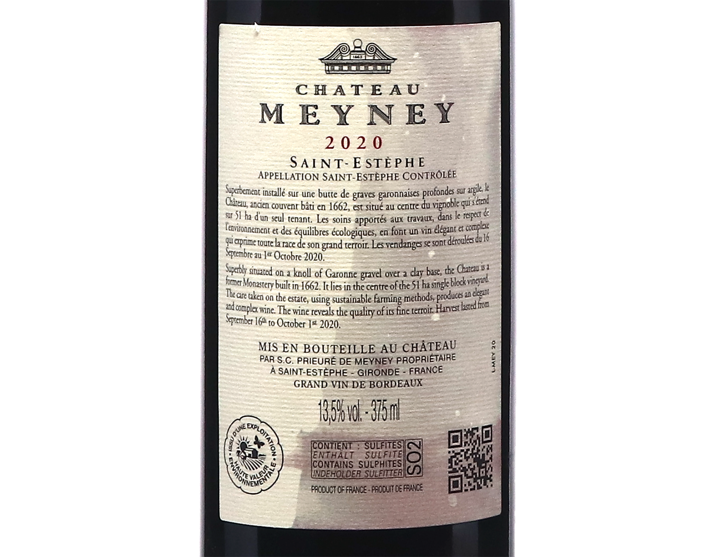 Half Bottle of Chateau Meyney St Estephe 2020