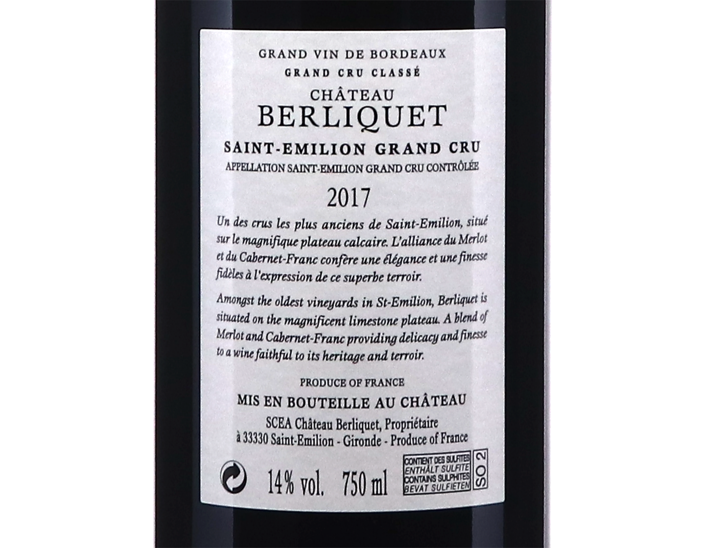 Ch Berliquet St Emilion 2017