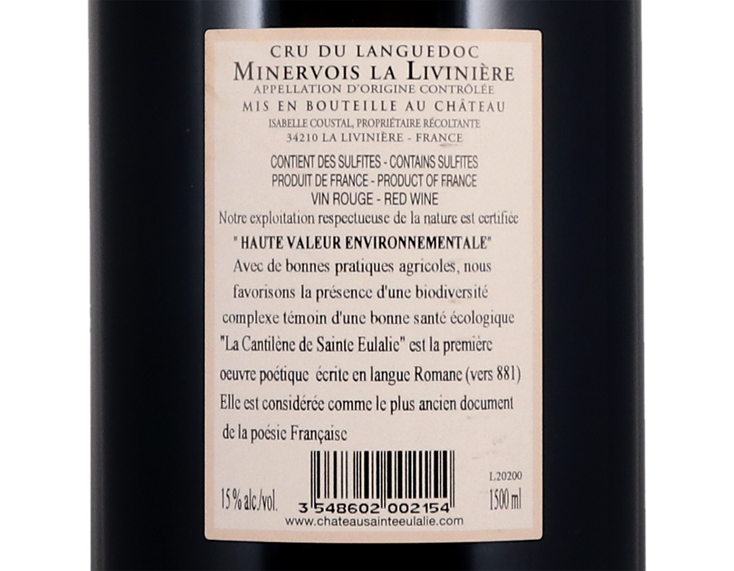 Magnum of Minervois La Livinière Cuvée Cantilène, Château Sainte Eulalie 2018