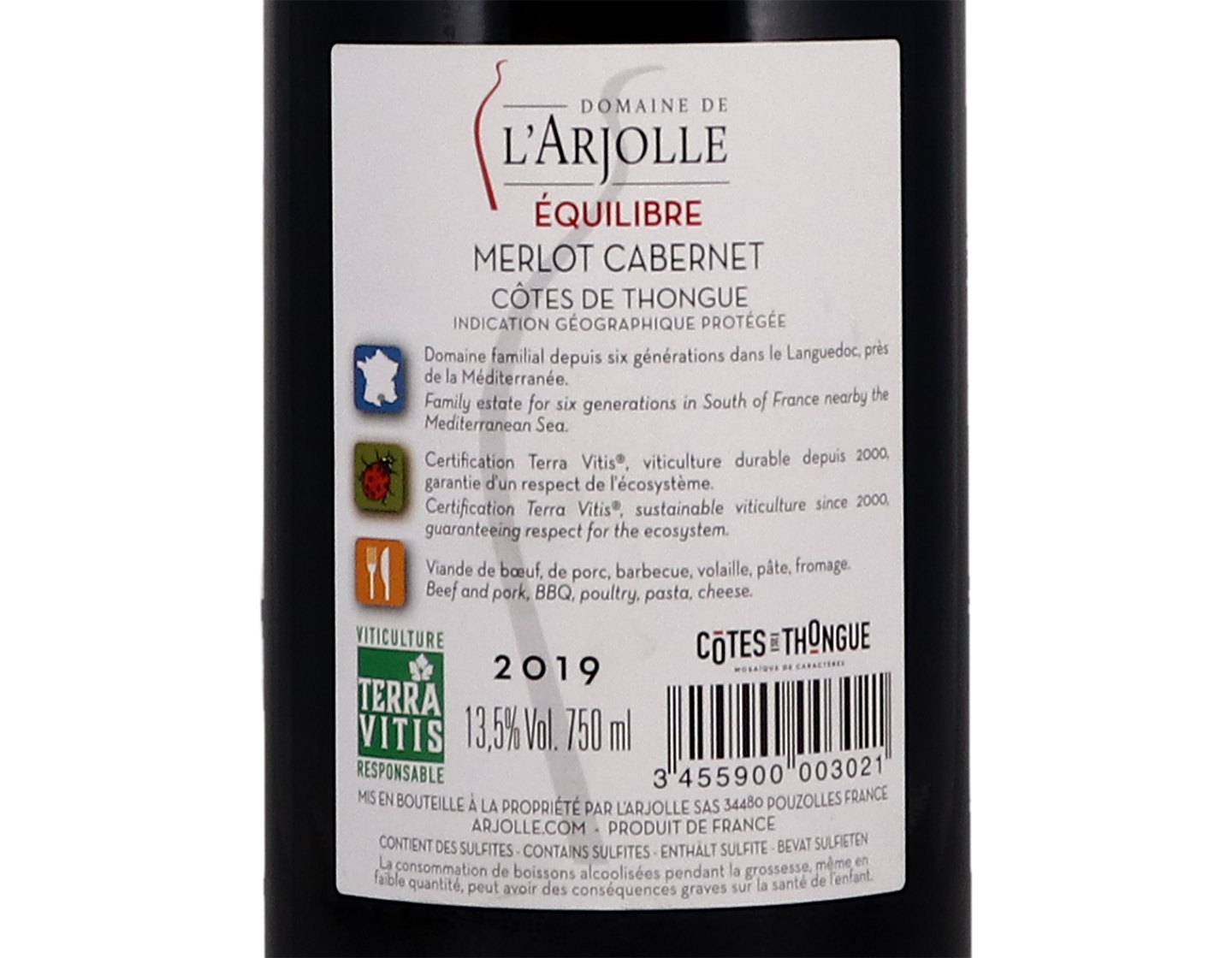 Merlot-Cabernet 'Equilibre' Rouge , Côtes de Thongue, Domaine de l'Arjolle 2019