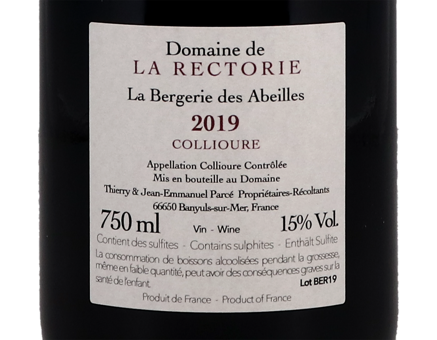 Collioure Rouge la Bergerie des Abeilles Domaine de la Rectorie 2019