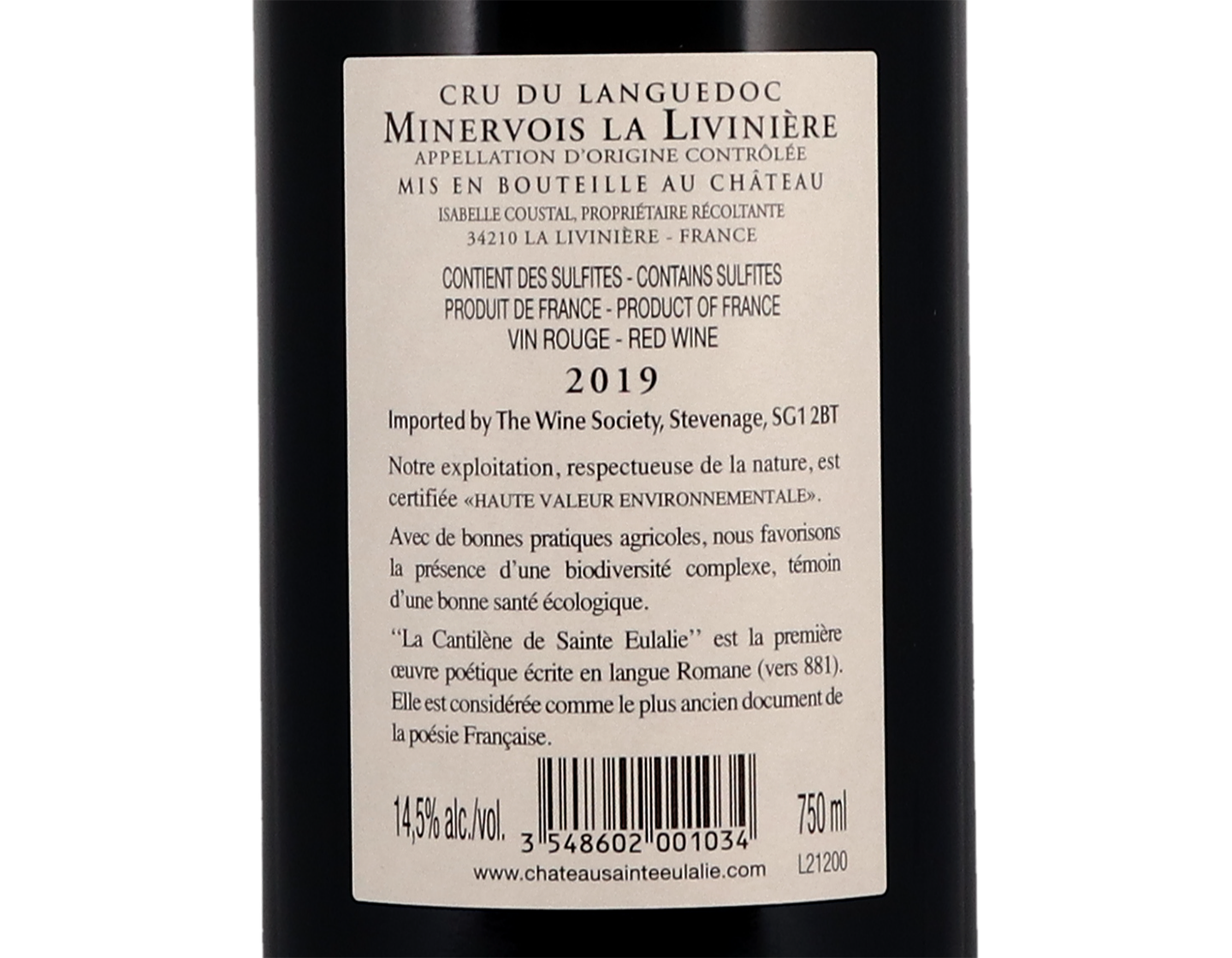 Minervois La Livinière Cuvée Cantilène, Château Sainte-Eulalie 2019
