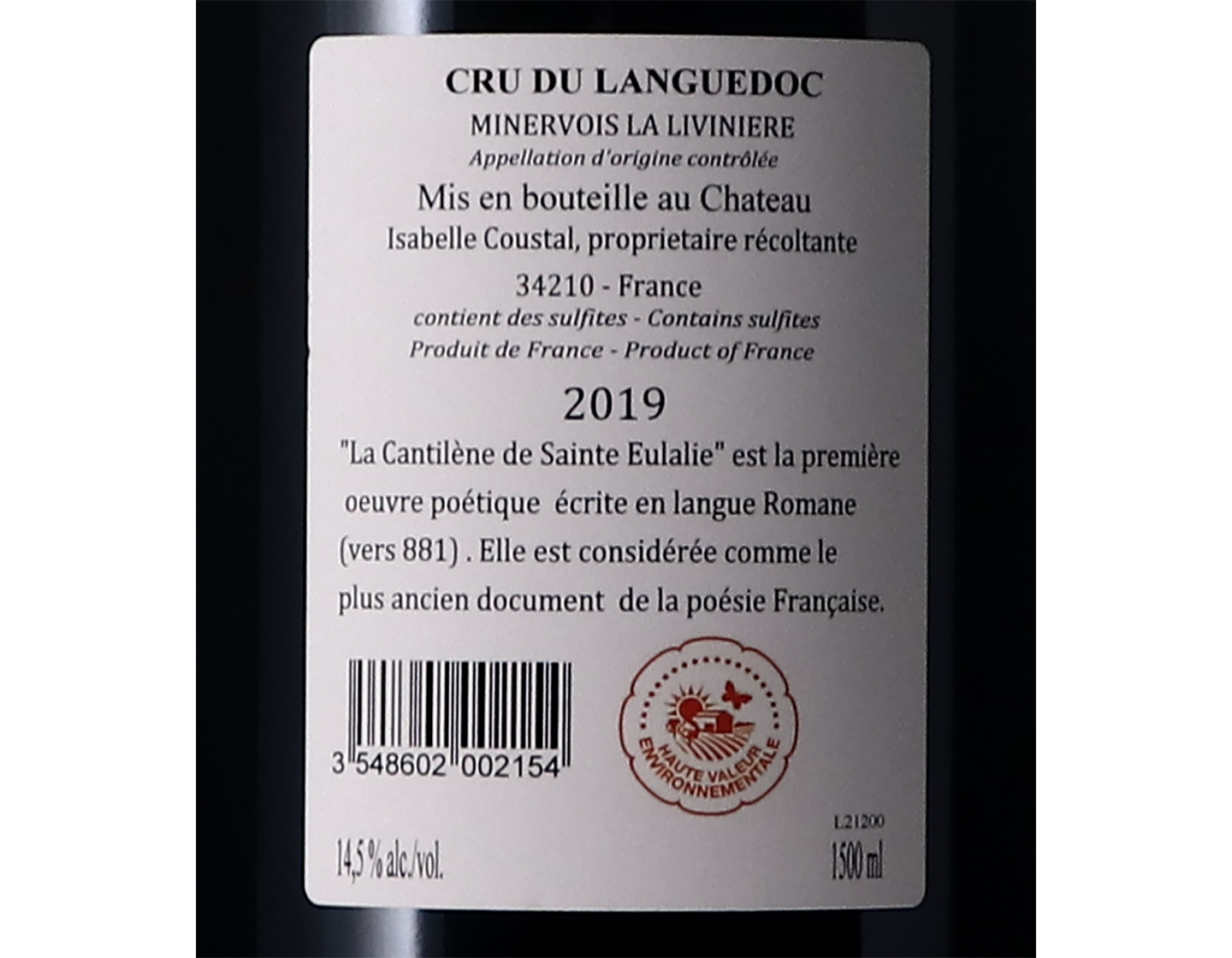 Magnum of Minervois La Liviniere Cuvee Cantilene Chateau Sainte Eulalie 2019