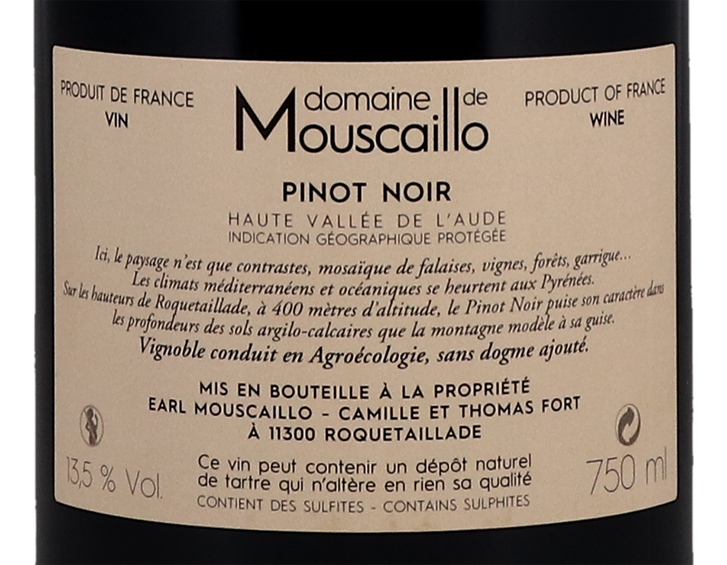 Pinot Noir, Haute Vallée de l'Aude, Domaine de Mouscaillo 2019