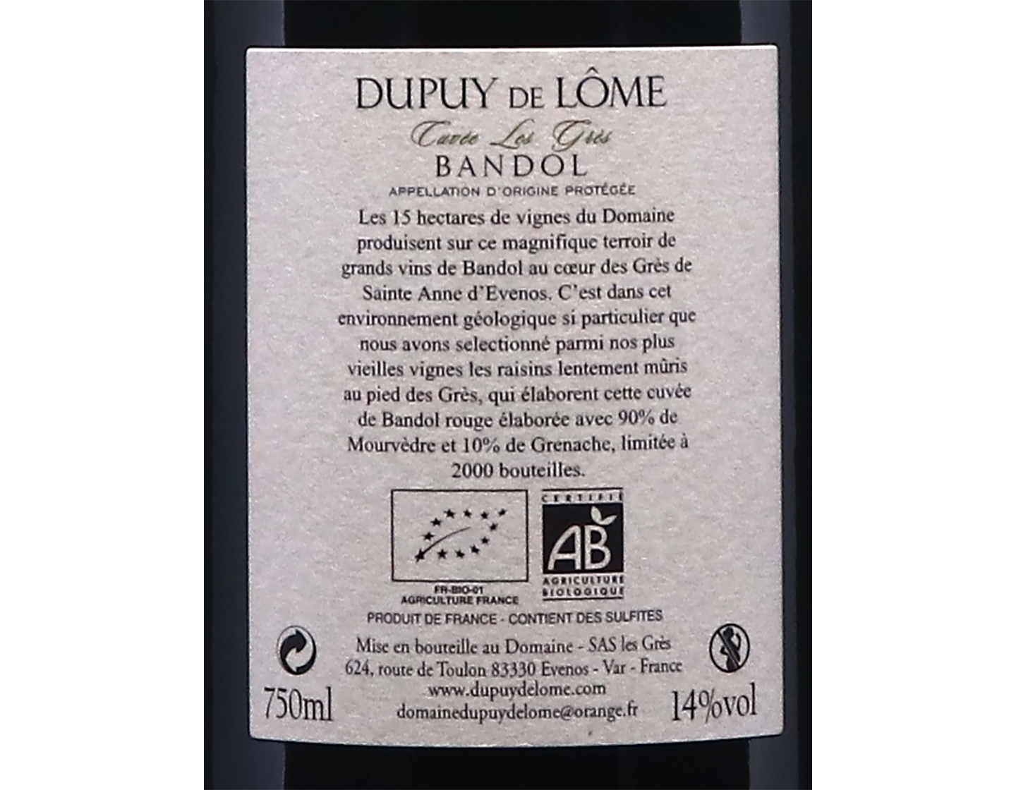Bandol Cuvee des Gres Domaine Dupuy de Lome 2019 ORGANIC