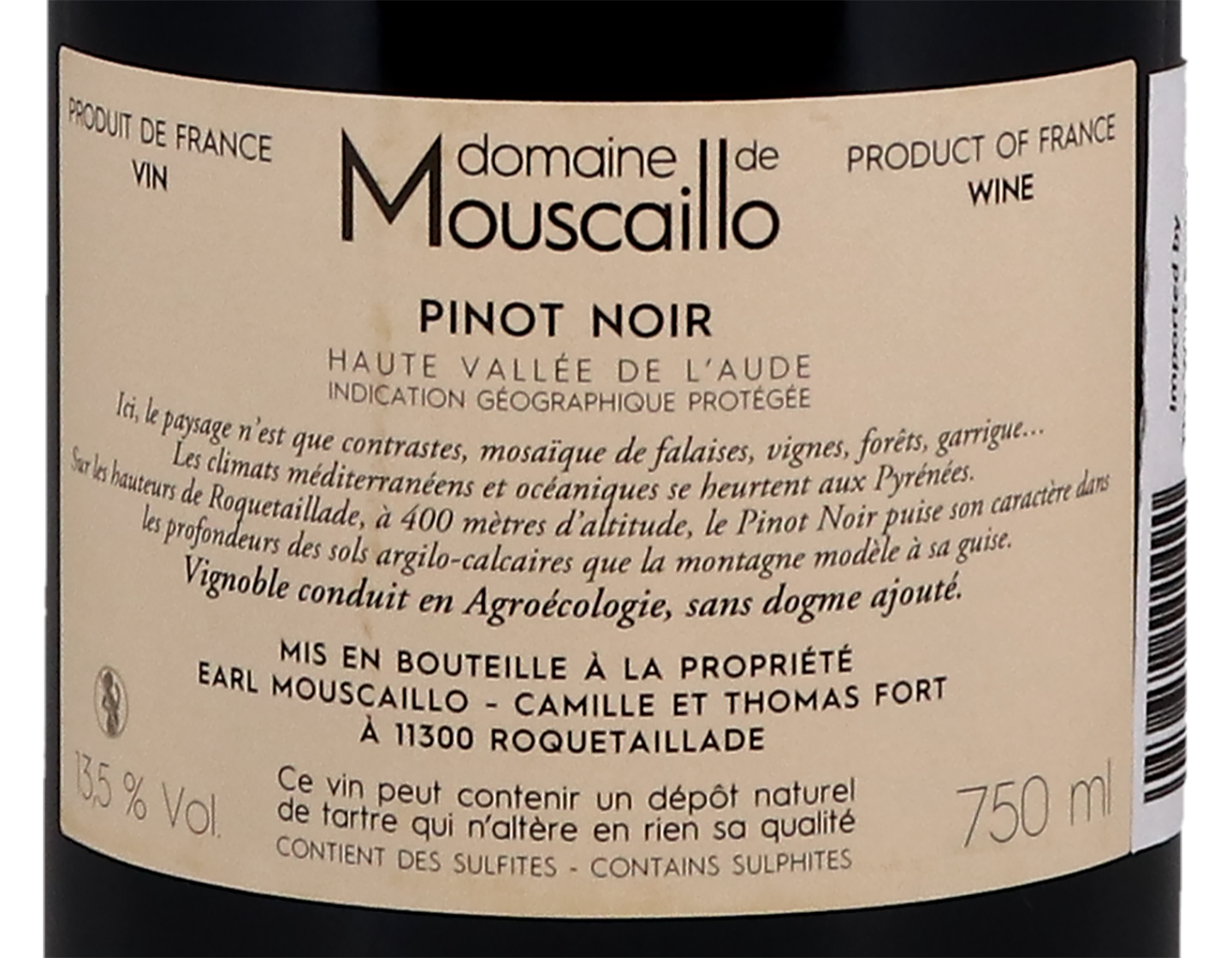 Pinot Noir Haute Valee de l'Aude Domaine de Mouscaillo 2020
