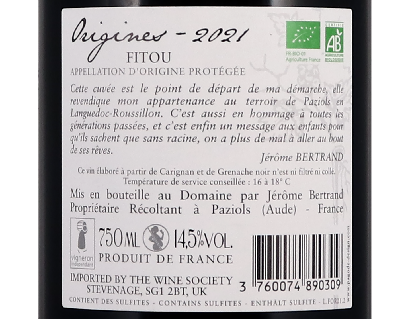 Fitou Origines Domaine Bertrand Berge 2021