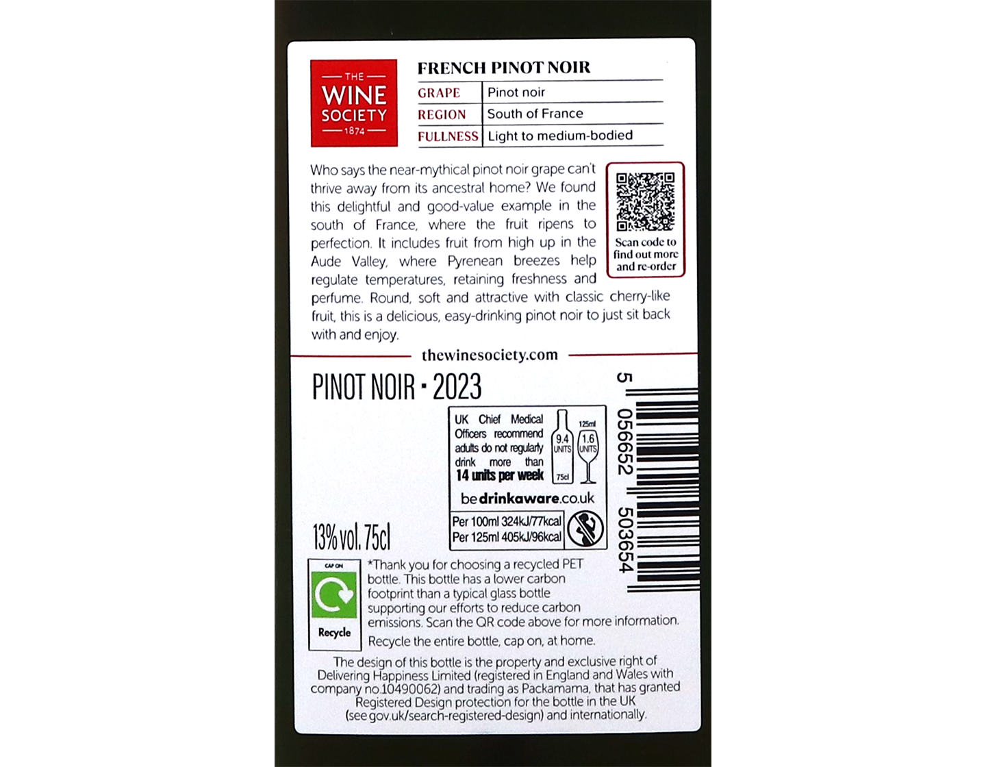 The Society's French Pinot Noir 2023 rPET bottle