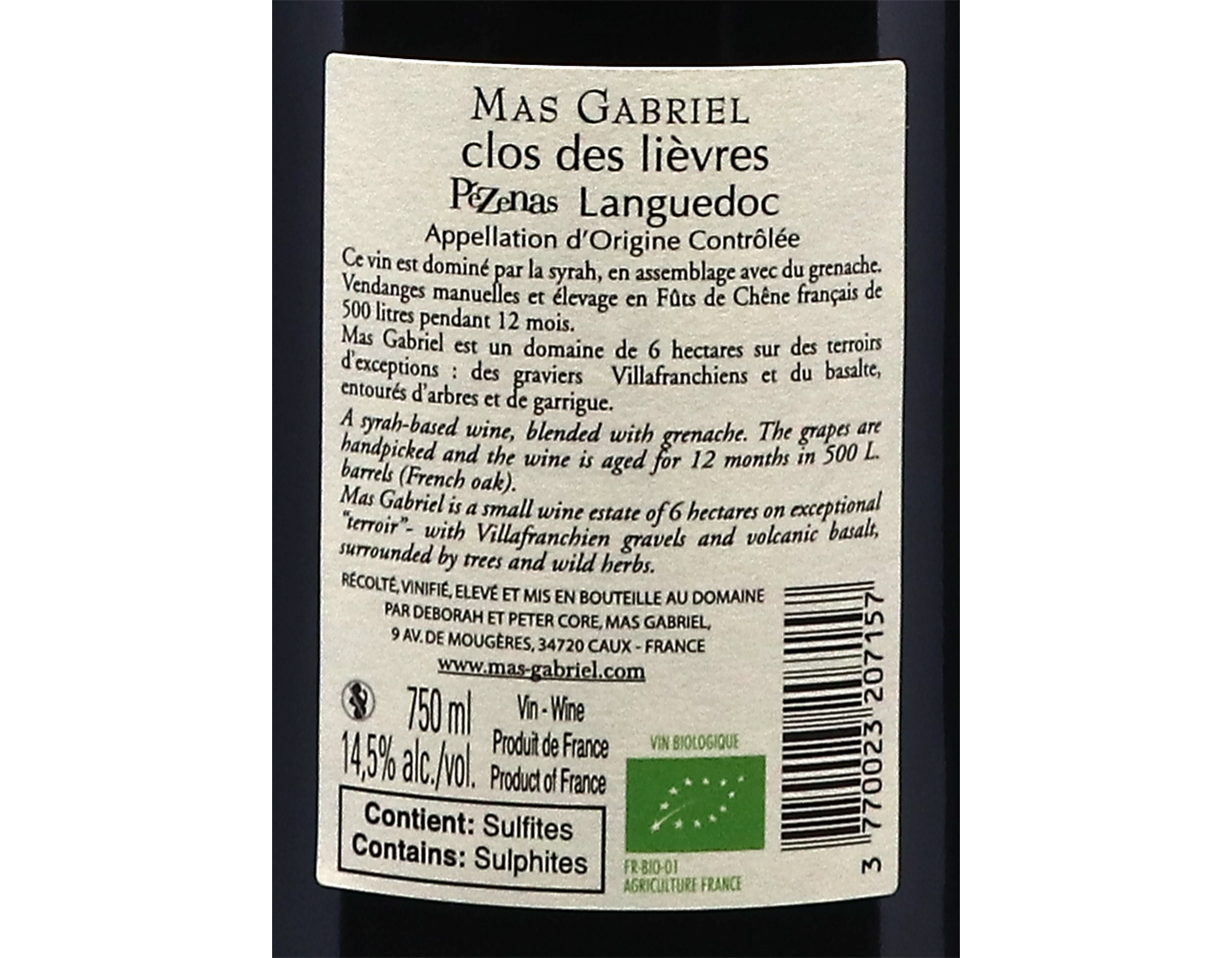 Coteaux du Languedoc Clos des Lièvres, Mas Gabriel 2021