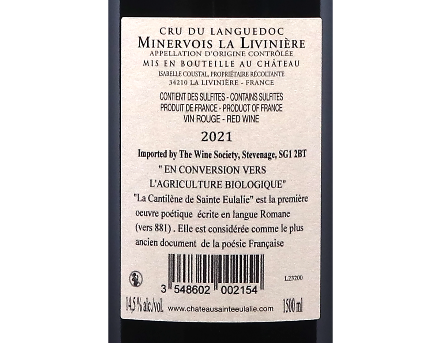 Magnum of Minervois La Liviniere Cuvee Cantilene Chateau Sainte Eulalie 2021