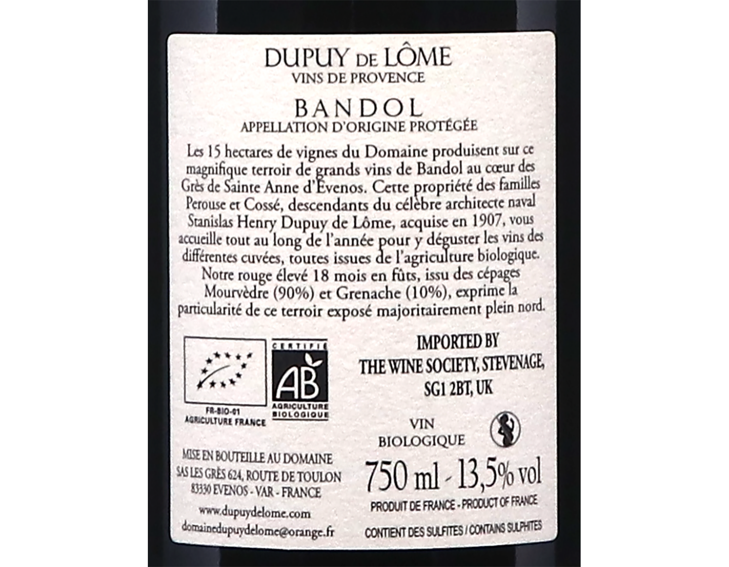 Bandol Domaine Dupuy de Lome 2022 ORGANIC