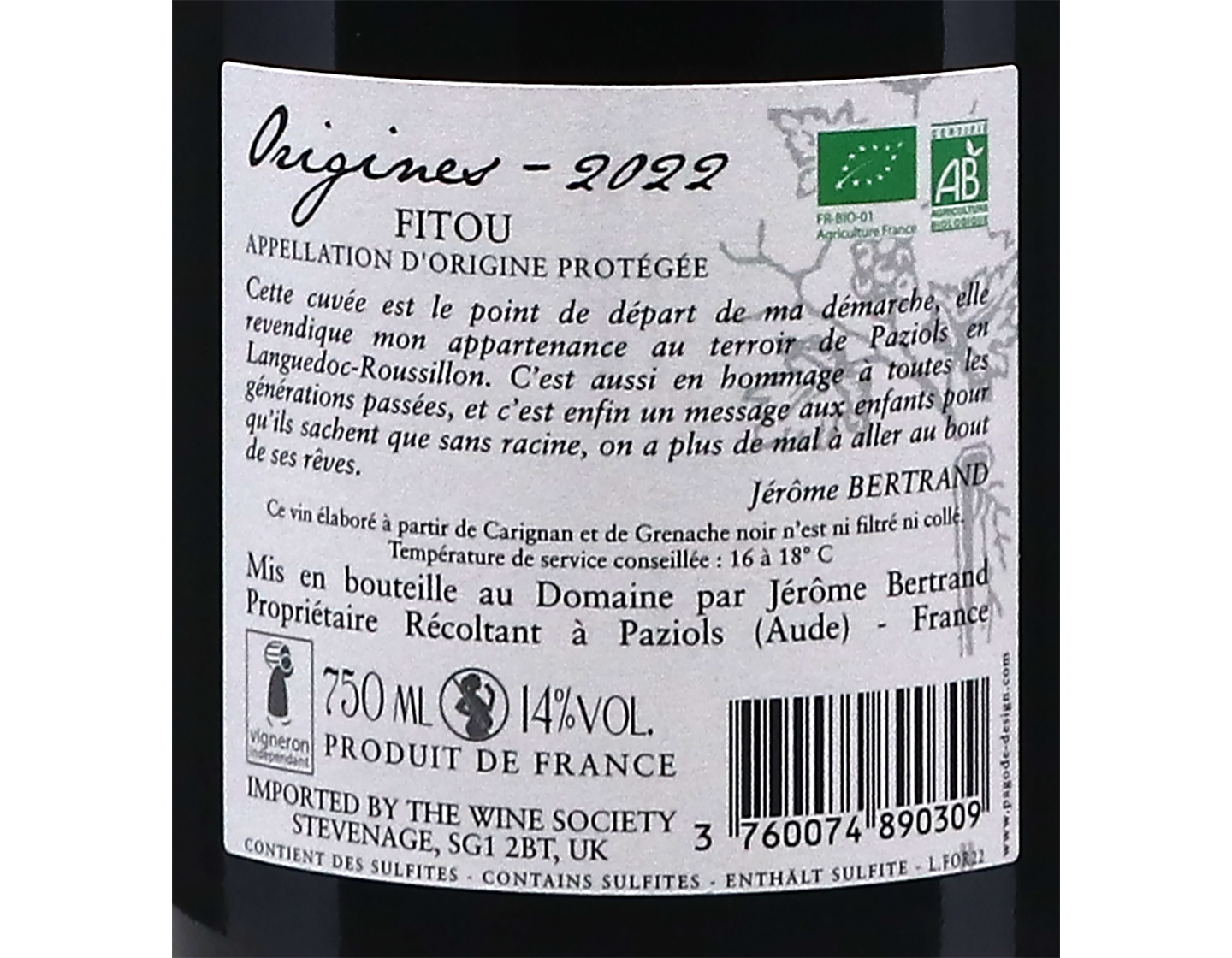 Fitou Origines Domaine Bertrand Berge 2022