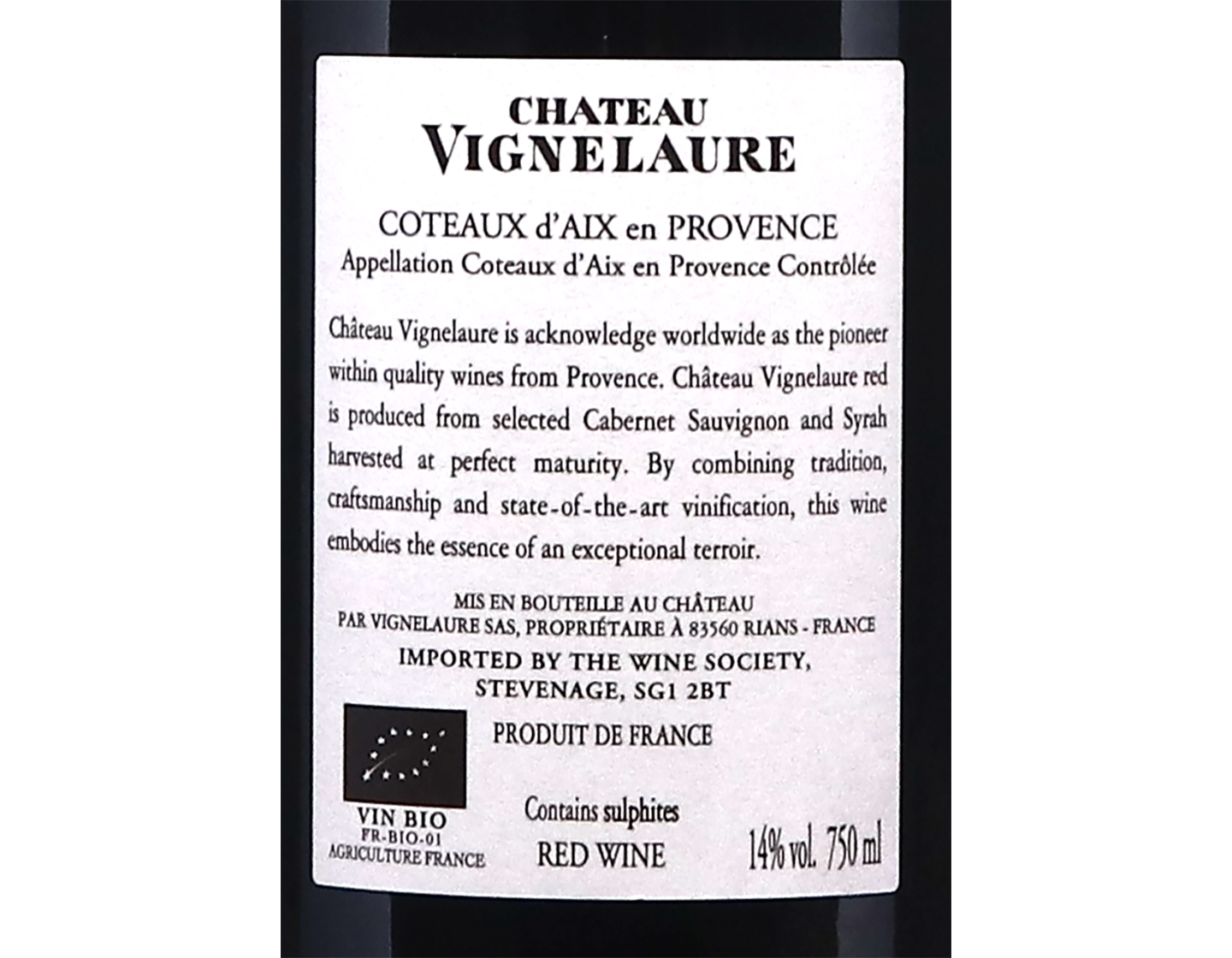 Coteaux d Aix en Provence Chateau Vignelaure 2019 ORGANIC