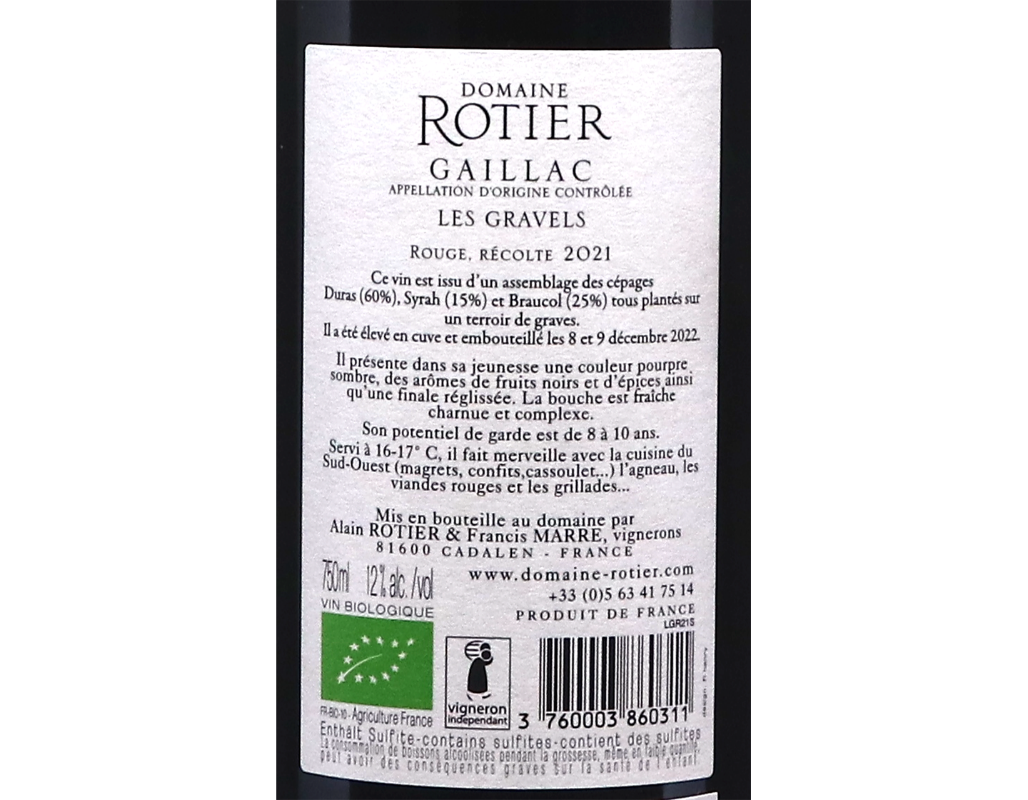 Gaillac Rouge les Gravels Domaine Rotier 2021 ORGANIC