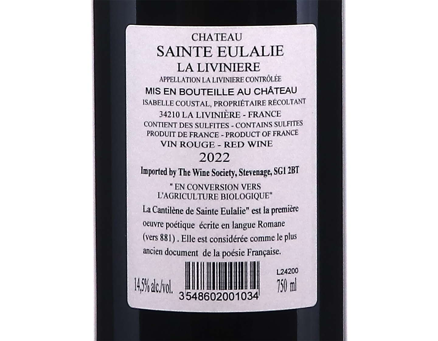 Minervois La Liviniere Cuvee Cantilene Chateau Sainte Eulalie 2022