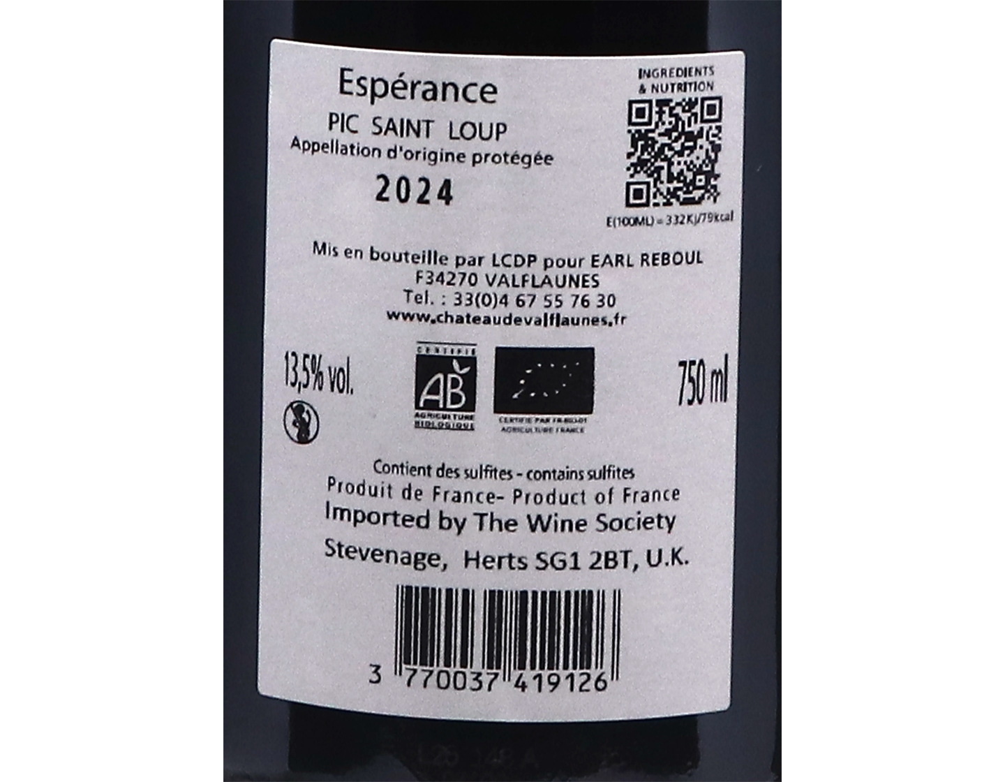 Pic Saint Loup Esperance Chateau de Valflaunes 2024 ORGANIC