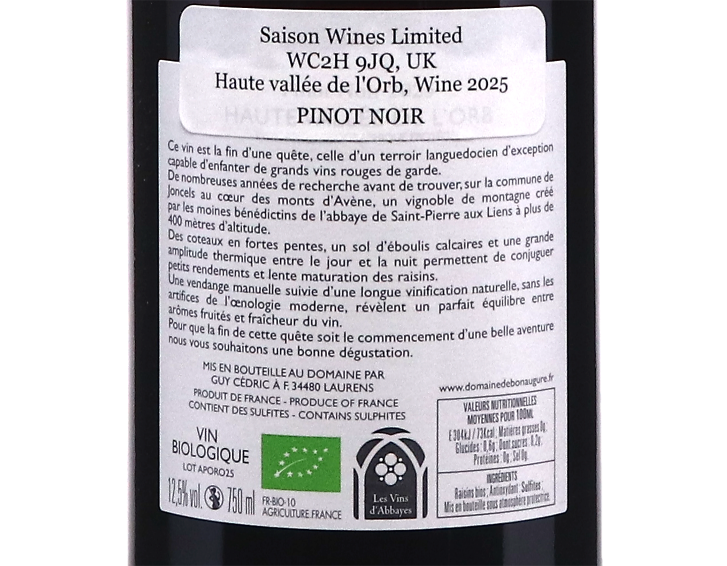 Dom Bon Augure Les Petits Apotres Pinot Noir Haute Vallee de lOrb 2025 ORGANIC