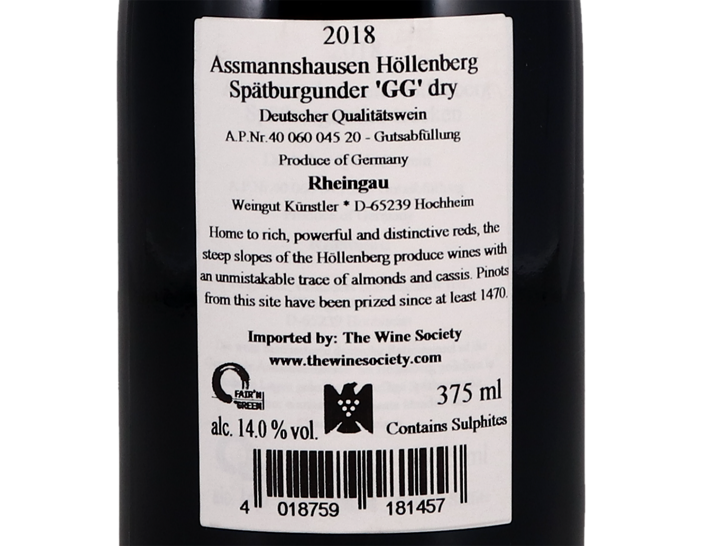 Half bottle of Assmansshauser Hollenberg Pinot Noir GG Kunstler 2018