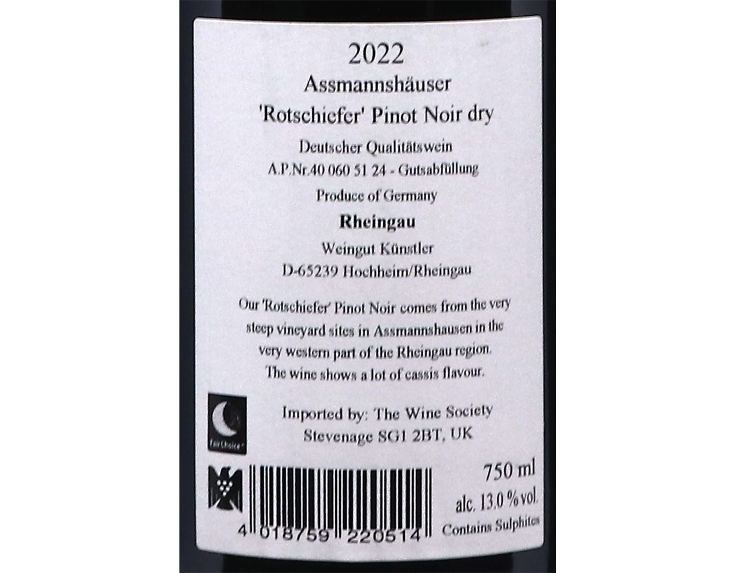 Assmannshauser Rotschiefer Pinot Noir Kunstler 2022