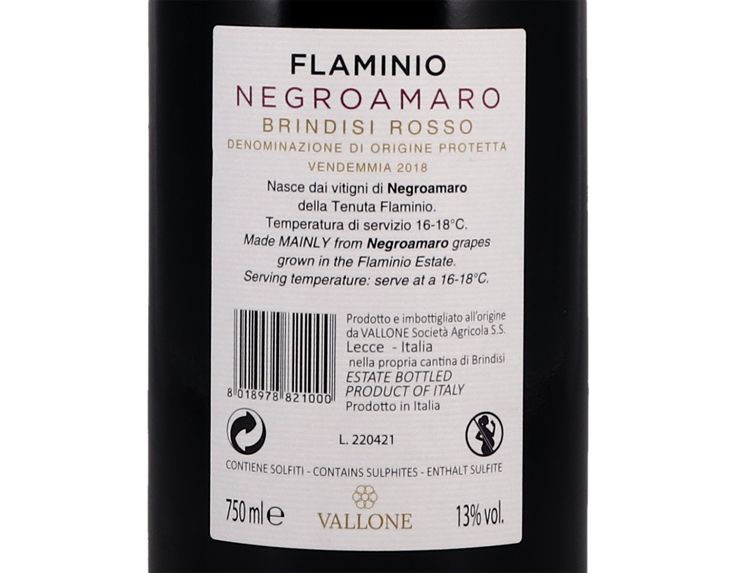 Brindisi Rosso Vigna Flaminio, Vallone 2018
