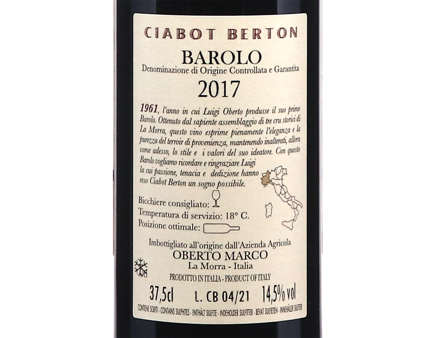 Half Bottle of Barolo Ciabot Berton 2017