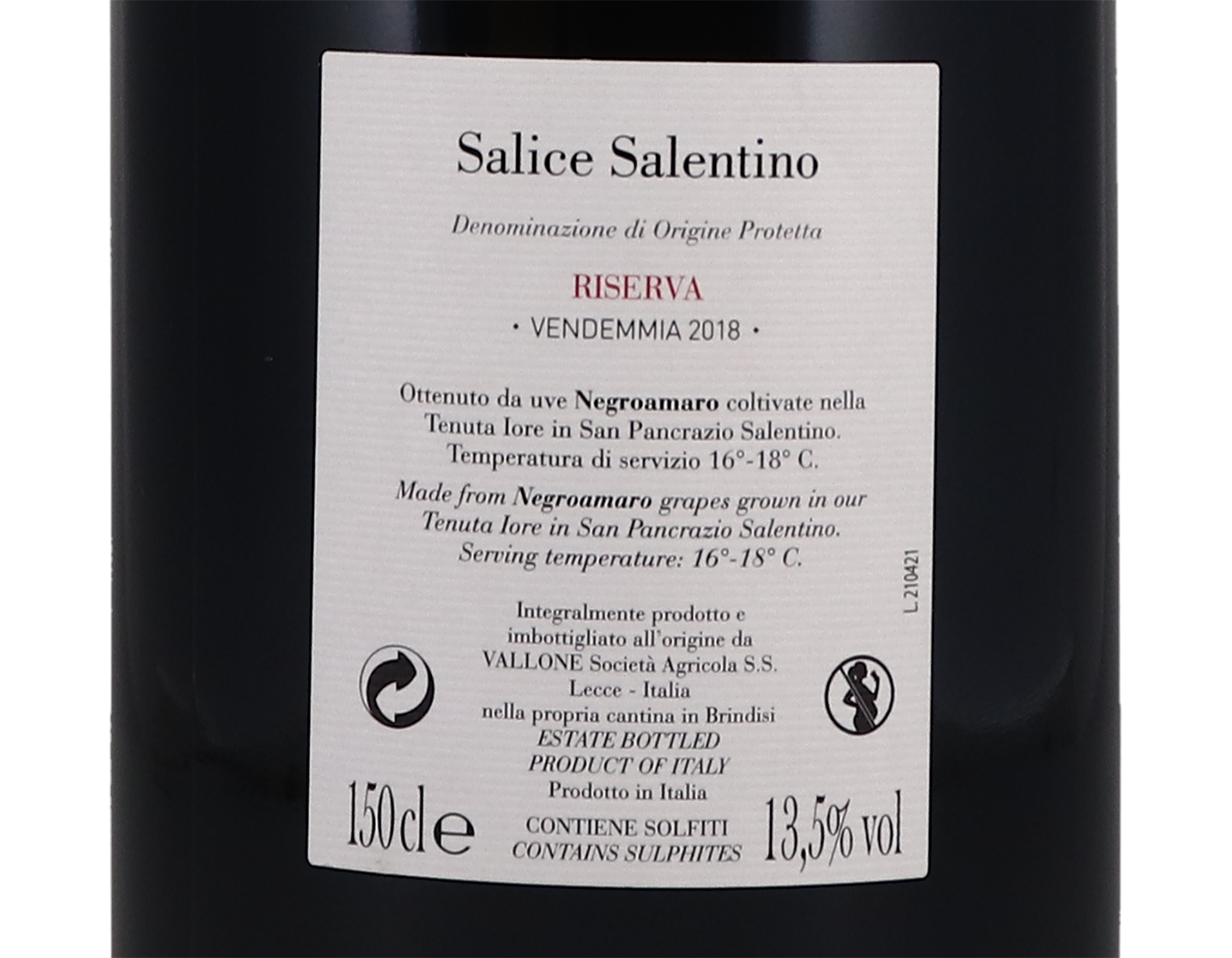 Magnum of Salice Salentino Riserva Vallone 2018