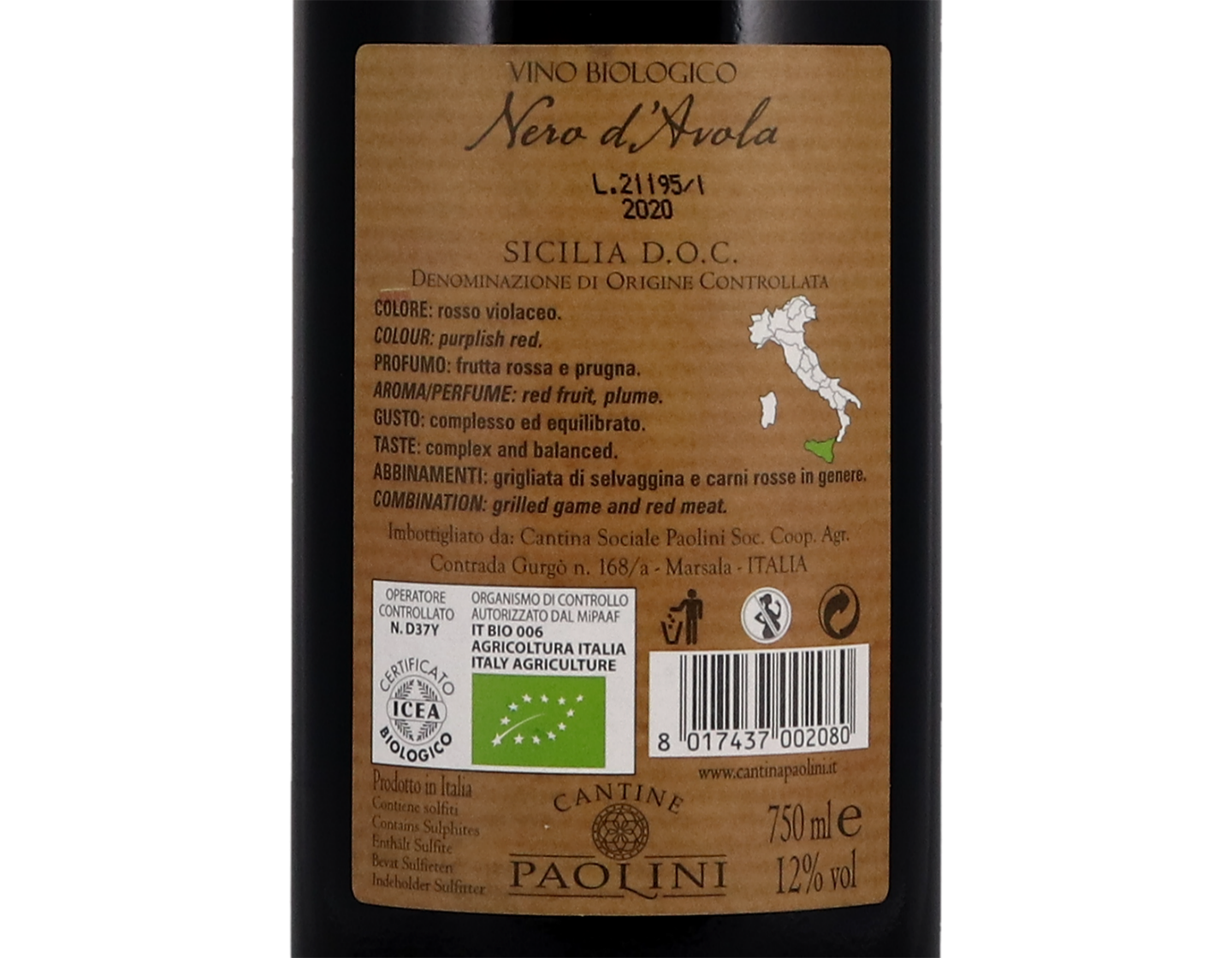 Nero d'Avola Terre Siciliane Paolini 2020 ORGANIC