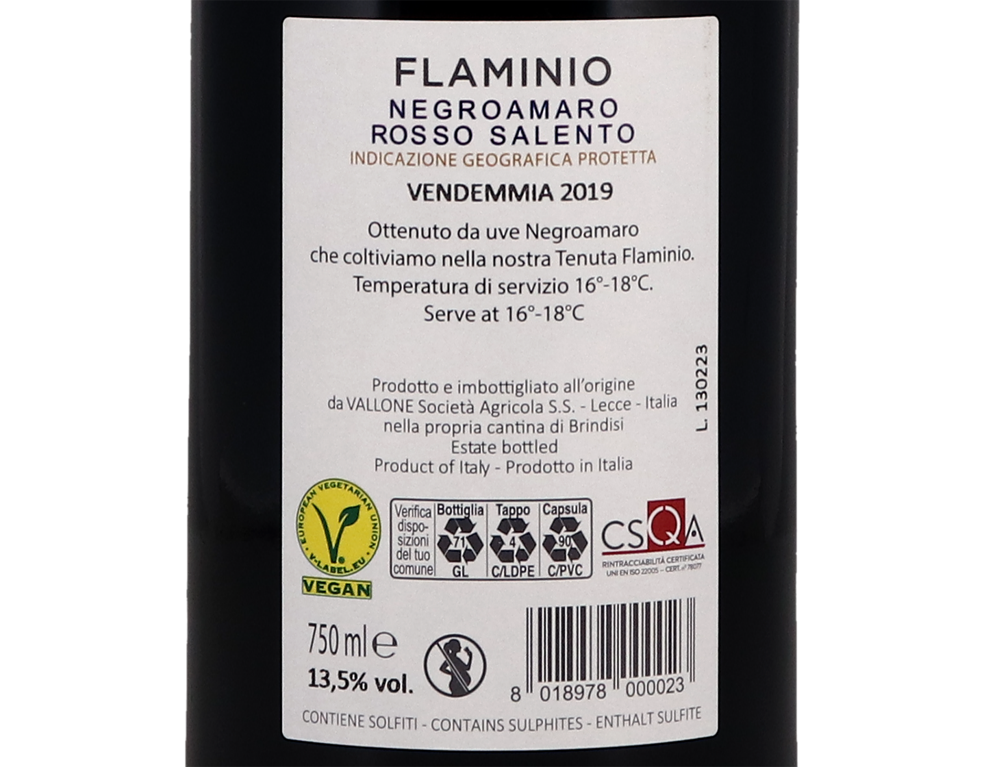 Negroamaro Vigna Flaminio, Vallone 2019