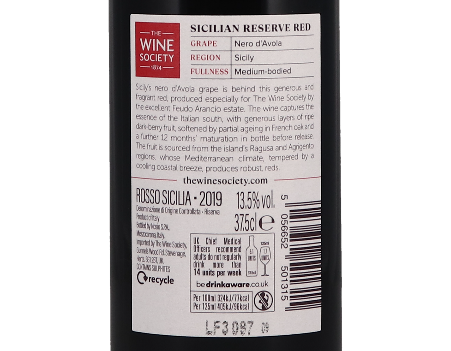 Half bottle of The Society's Sicilian Reserve Red 2019