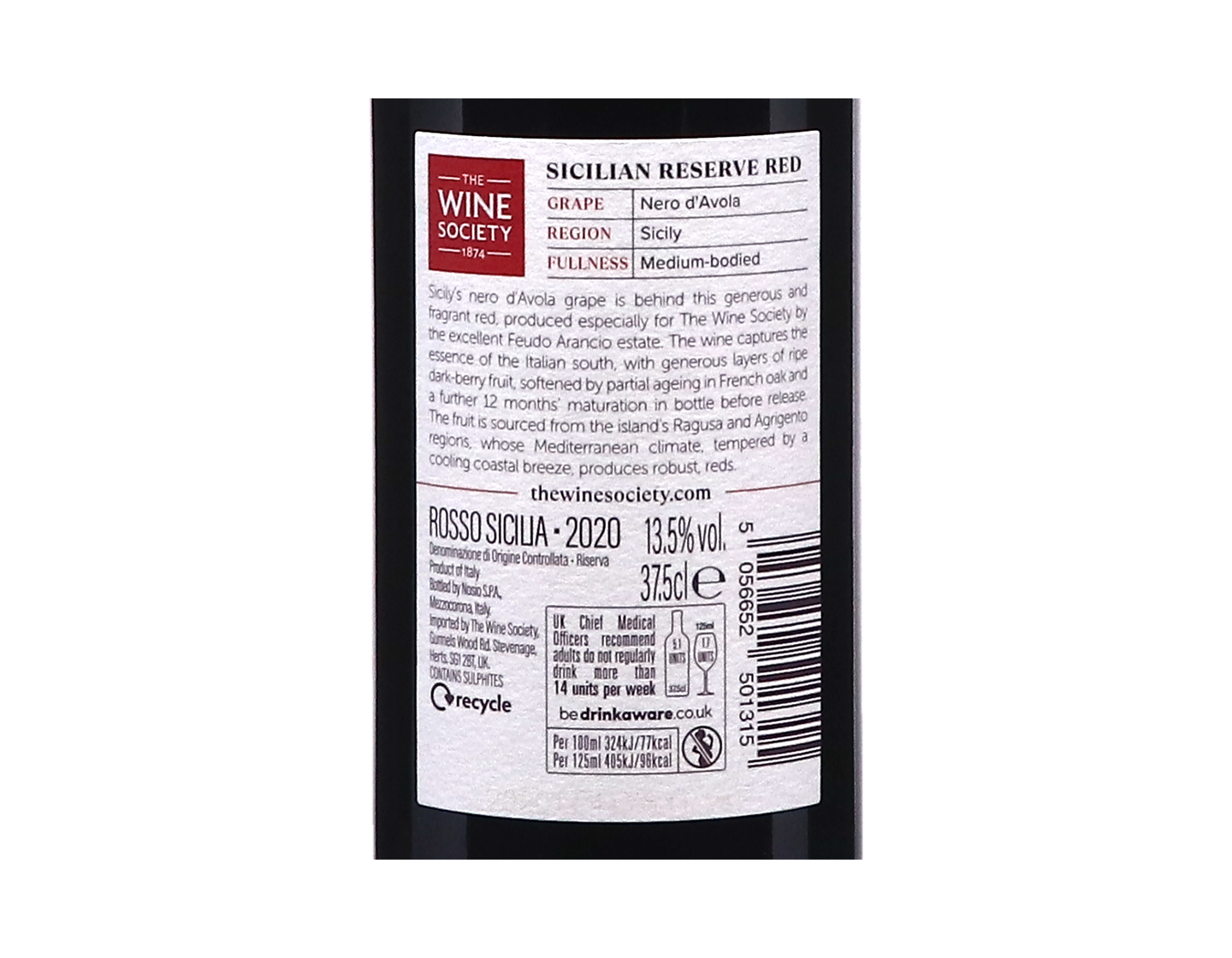 Half bottle of The Society's Sicilian Reserve Red 2020
