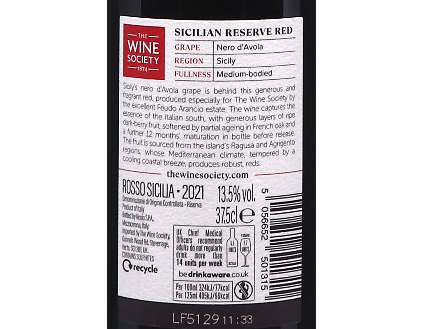 Half bottle of The Society's Sicilian Reserve Red 2021