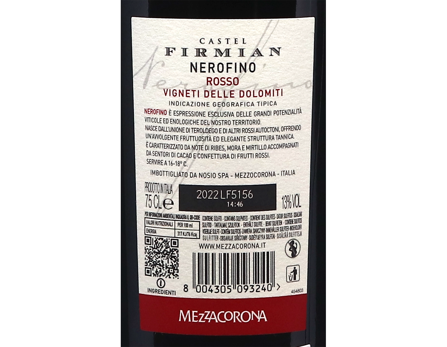 Nerofino Rosso Vigneti delle Dolomiti, Castel Firmian 2022