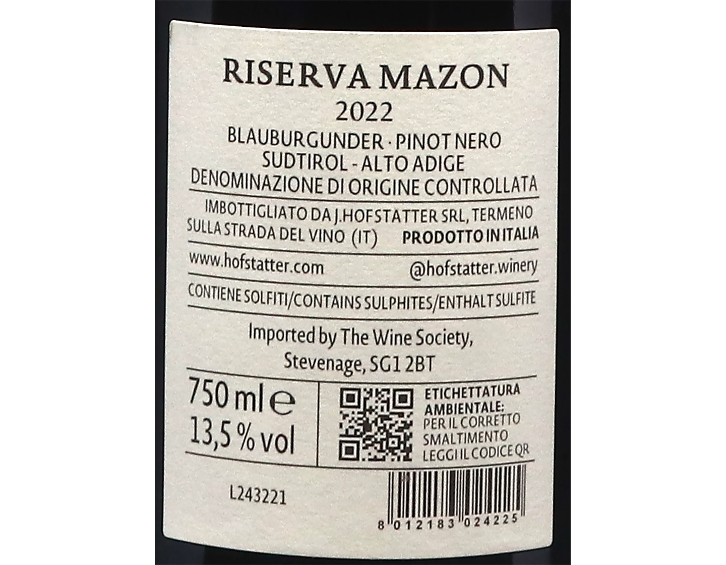 Pinot Nero Riserva Mazon, Hofstätter 2022