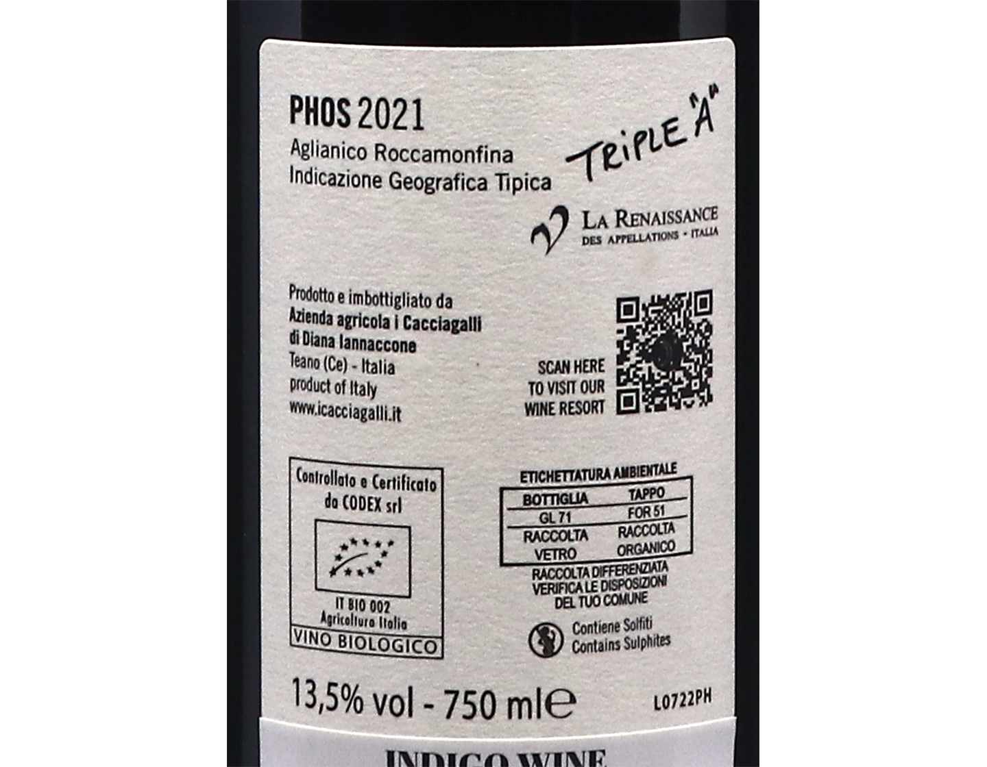 I Cacciagalli Phos Aglianico Roccamonfina 2021 ORGANIC