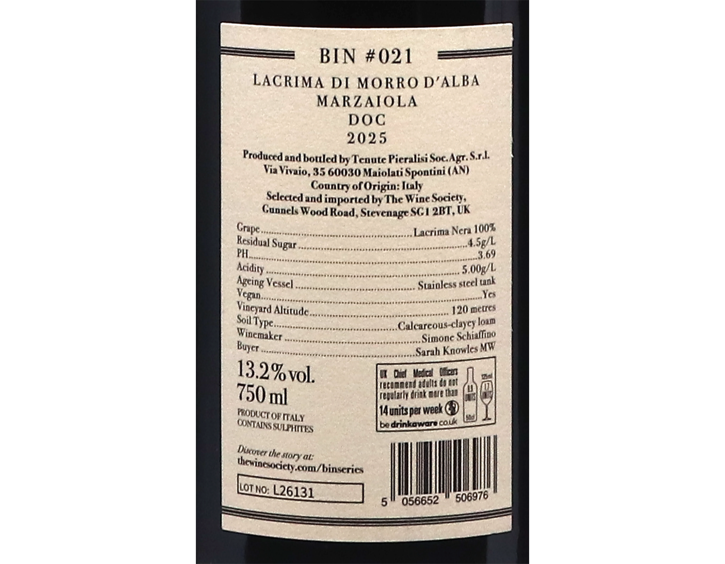 Bin Series Marzaiola Lacrima di Morro d'Alba Marche 2025