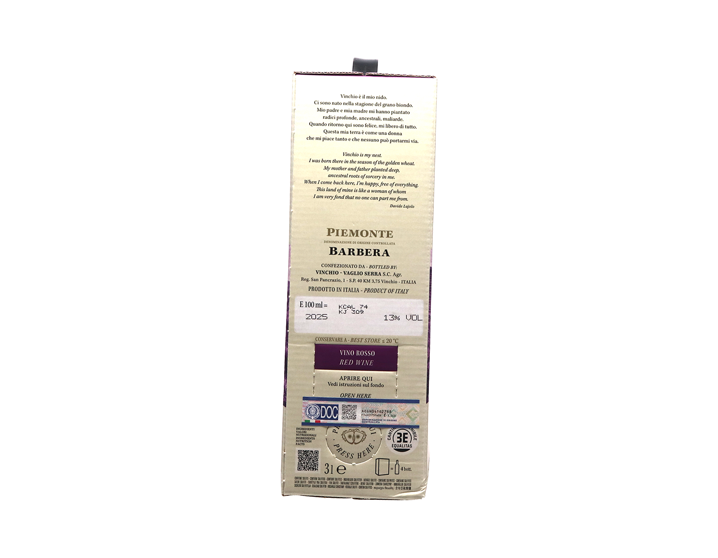 Barbera Piedmont Vinchio Vaglio Le Tane 2025 Bag in Box 3 Litre