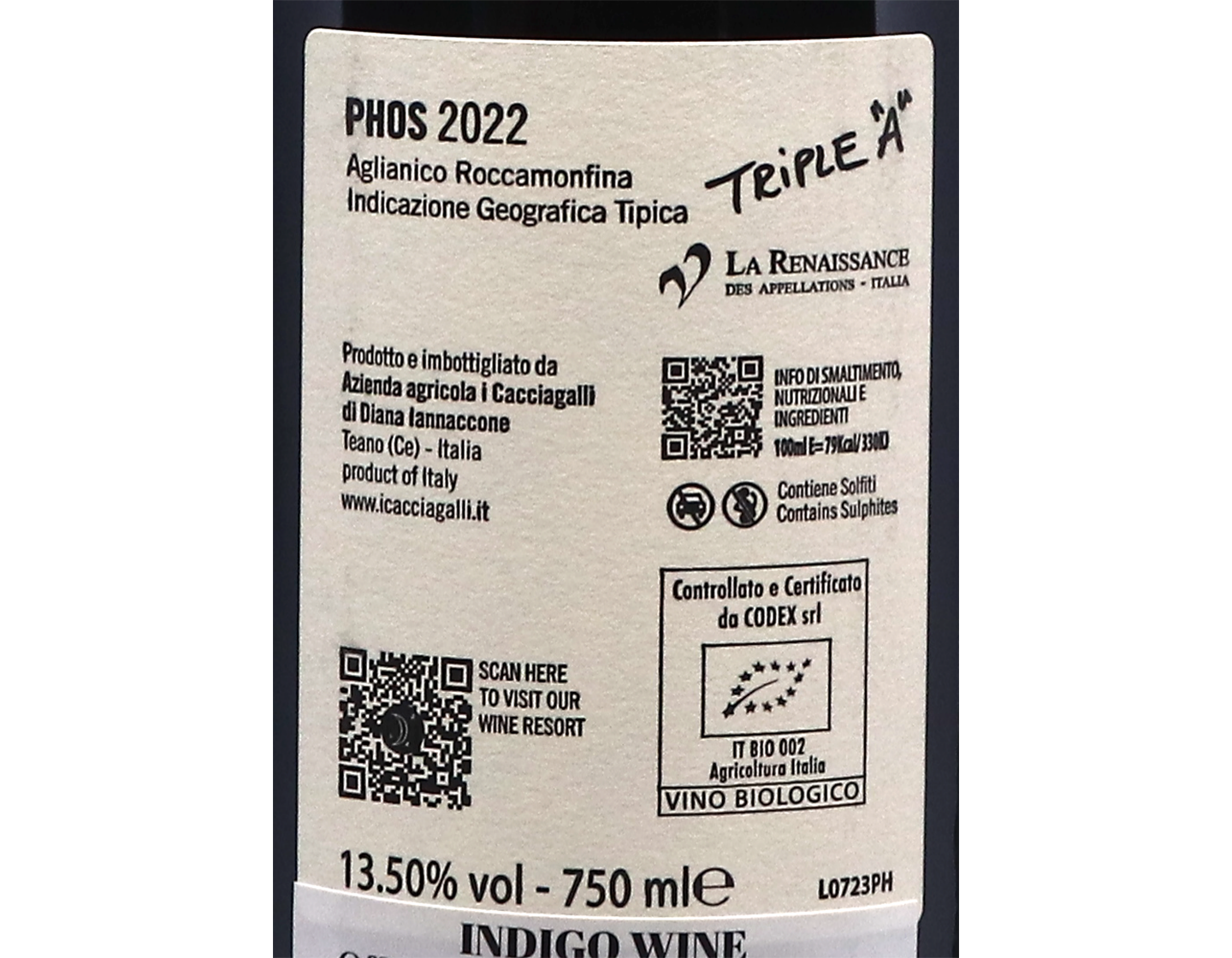 I Cacciagalli Phos Aglianico Roccamonfina 2022 ORGANIC