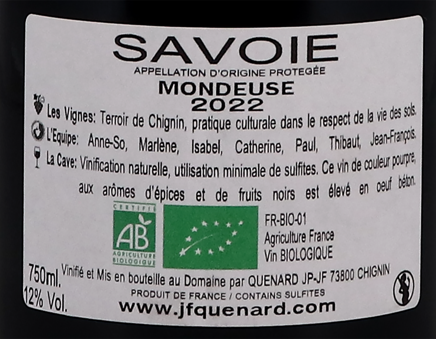 Vin de Savoie Mondeuse Terres Rouges Jean Francois Quenard 2022